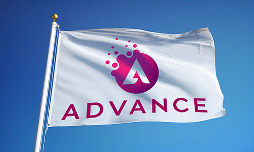 White custom fabric flag 3 feet by 5 feet on a pole. Company logo in magenta. Text in magenta advertises Advance.